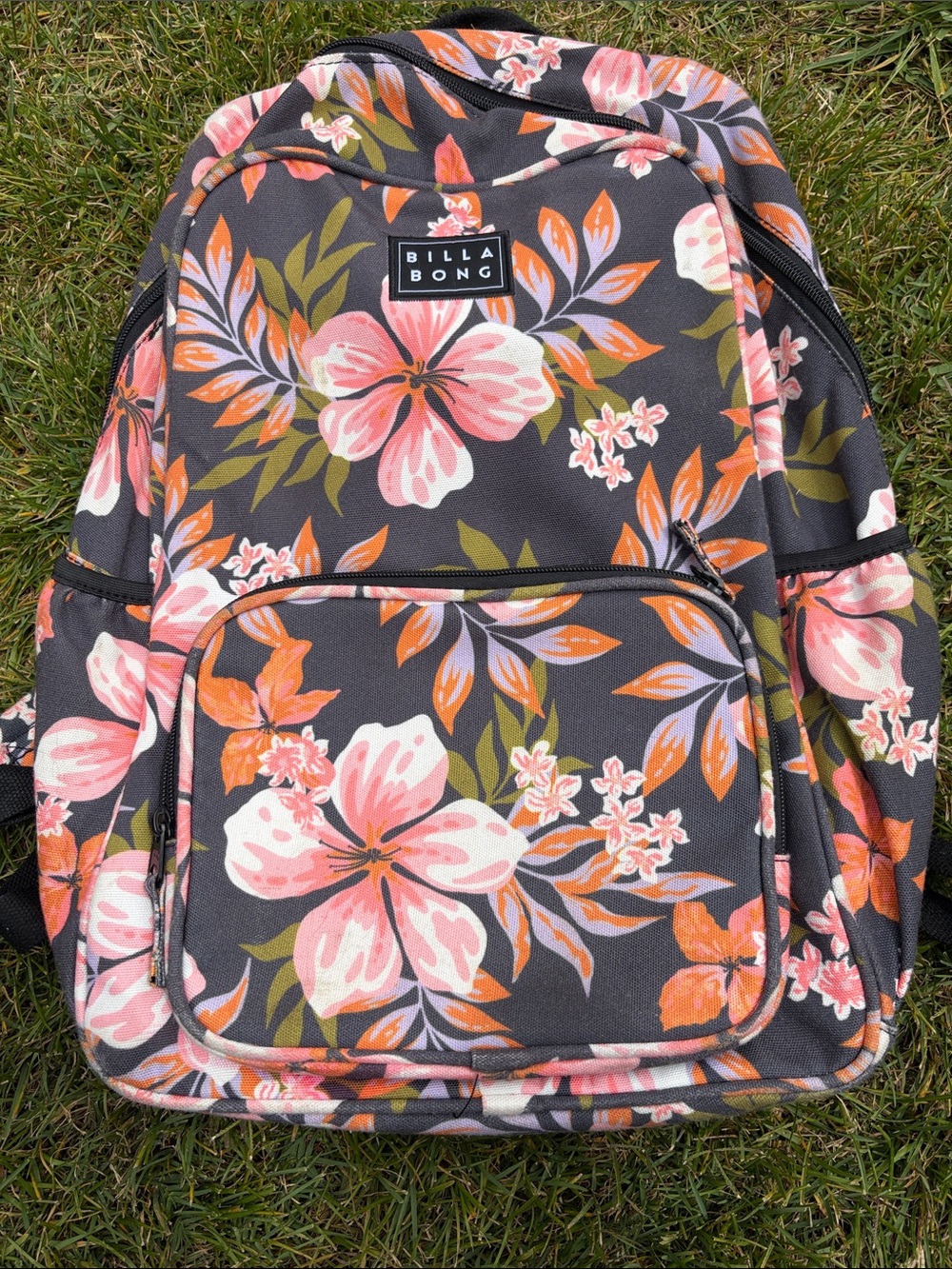 Billabong Charcoal Backpack with Pink & Orange Floral Print